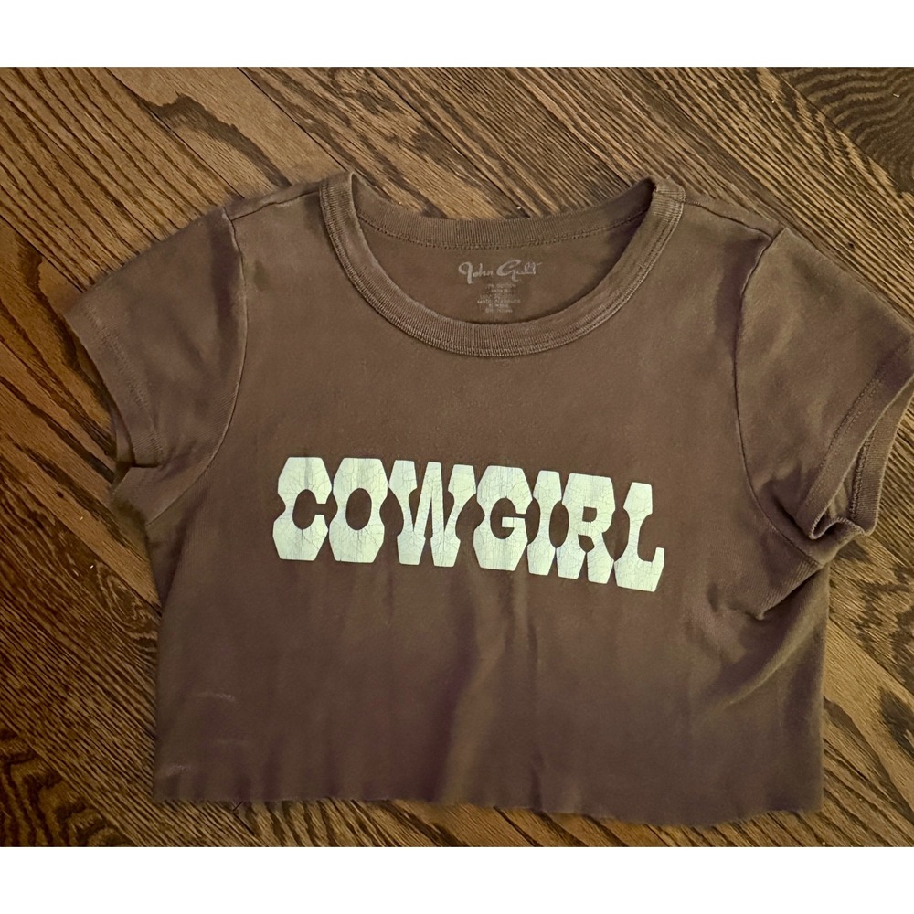 John Galt Cowgirl Graphic Baby Tee One Size Brown Cropped Raw Hem Western Boho